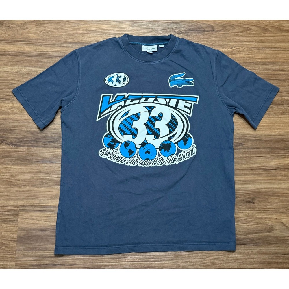 Lacoste Mens Loose Fit Graphic Cotton Jersey Print T-Shirt Blue Gray TH5565 Sz M